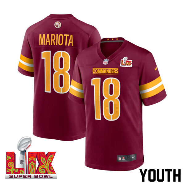 Marcus Mariota #18 Washington Commanders Super Bowl LIX Youth Jersey – Burgundy