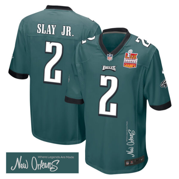 Darius Slay Jr. 2 Philadelphia Eagles Super Bowl LIX Champions Patch ‘New Orleans – Where Legends Are Made’ EMBROIDERED Game Men Jersey – Midnight Green