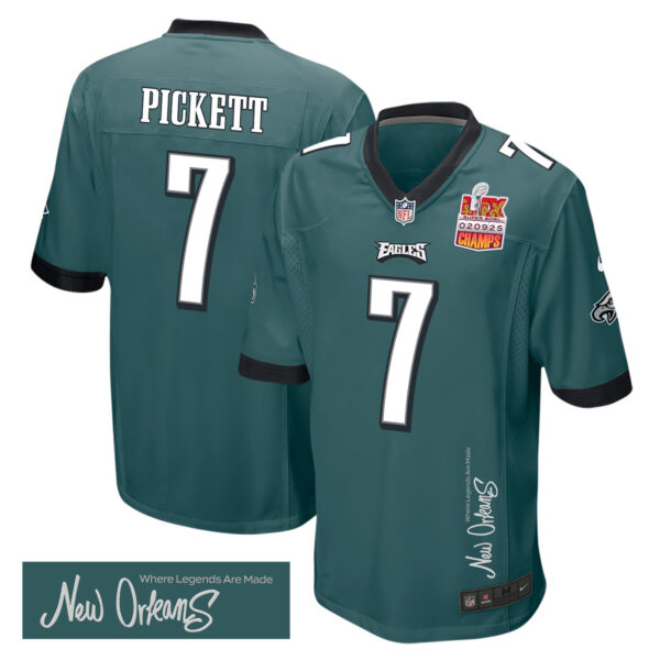Kenny Pickett 7 Philadelphia Eagles Super Bowl LIX Champions Patch ‘New Orleans – Where Legends Are Made’ EMBROIDERED Game Men Jersey – Midnight Green