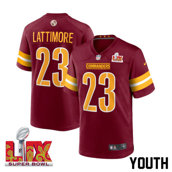 Marshon Lattimore #23 Washington Commanders Super Bowl LIX Youth Jersey – Burgundy