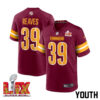 Jeremy Reaves #39 Washington Commanders Super Bowl LIX Youth Jersey – Burgundy