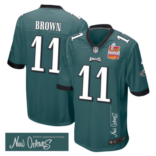 A.J. Brown 11 Philadelphia Eagles Super Bowl LIX Champions Patch ‘New Orleans – Where Legends Are Made’ EMBROIDERED Game Men Jersey – Midnight Green