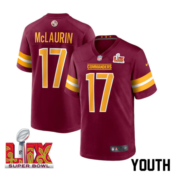 Terry McLaurin #17 Washington Commanders Super Bowl LIX Youth Jersey – Burgundy