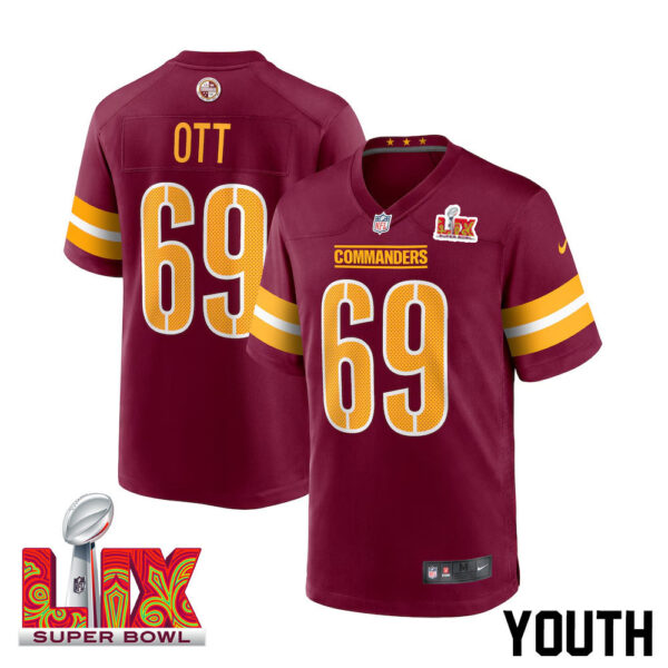 Tyler Ott #69 Washington Commanders Super Bowl LIX Youth Jersey – Burgundy