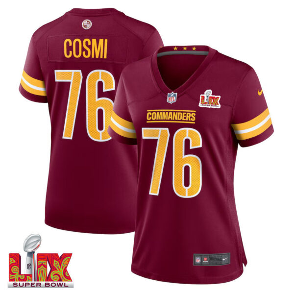 Sam Cosmi #76 Washington Commanders Super Bowl LIX Women’s Jersey – Burgundy