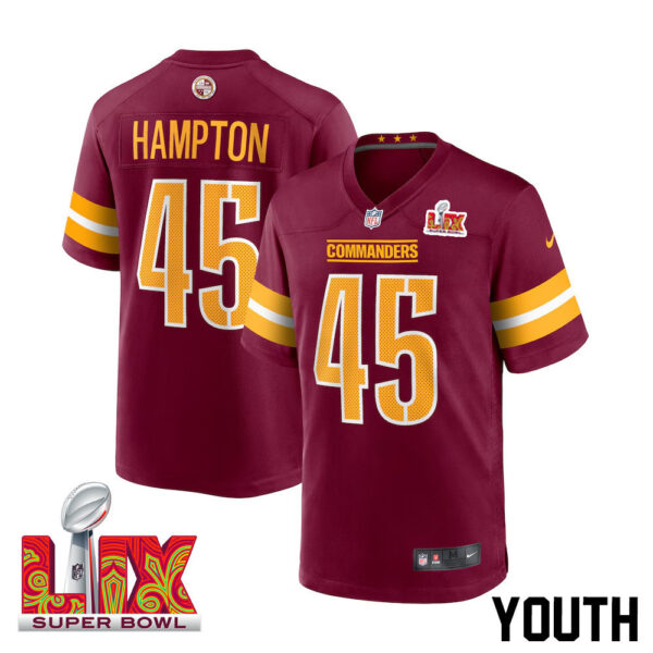 Dominique Hampton #45 Washington Commanders Super Bowl LIX Youth Jersey – Burgundy