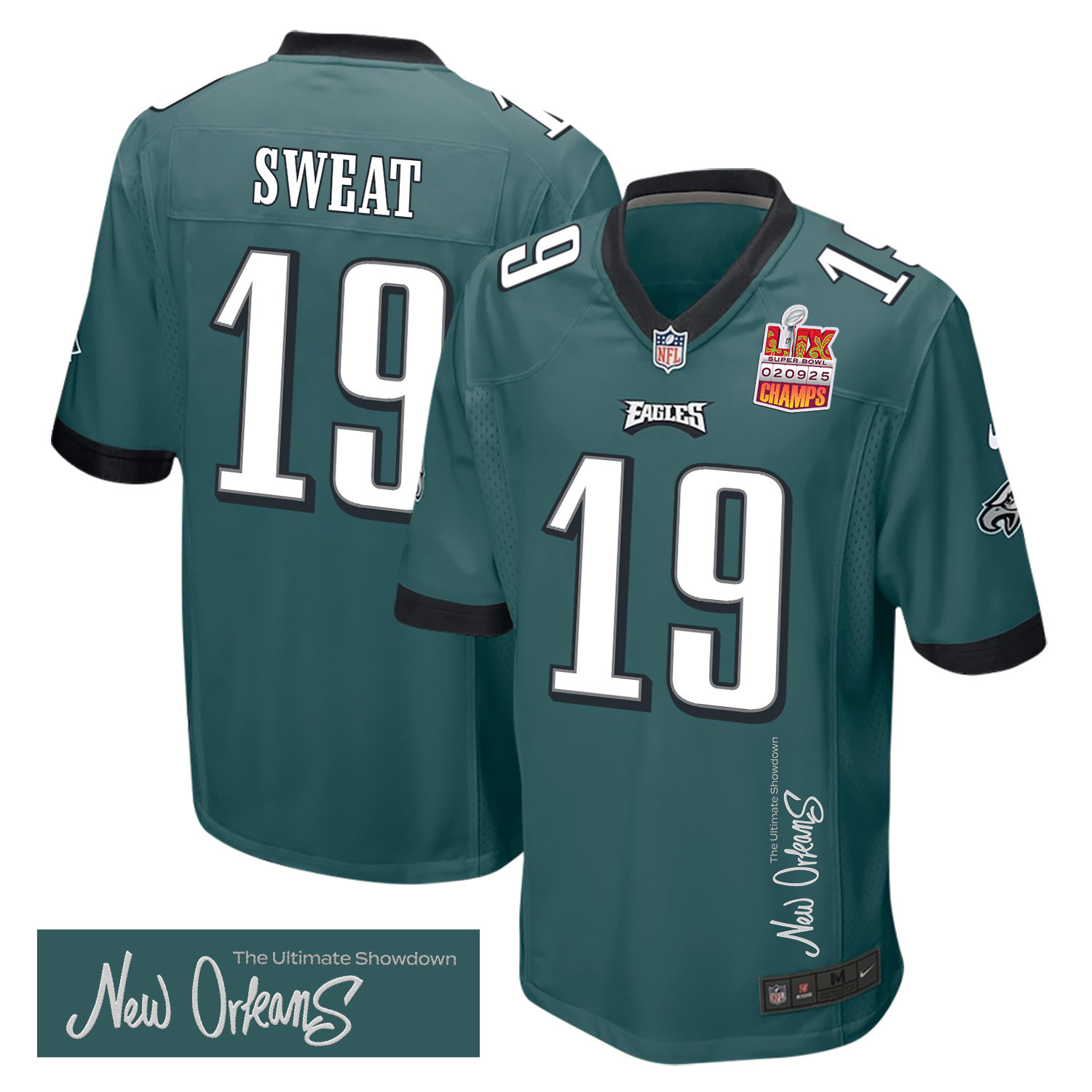 Josh Sweat 19 Philadelphia Eagles Super Bowl LIX Champions Patch ‘New Orleans – The Ultimate Showdown’ EMBROIDERED Game Men Jersey – Midnight Green