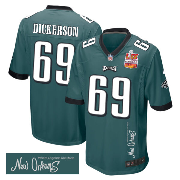 Landon Dickerson 69 Philadelphia Eagles Super Bowl LIX Champions Patch ‘New Orleans – Where Legends Are Made’ EMBROIDERED Game Men Jersey – Midnight Green