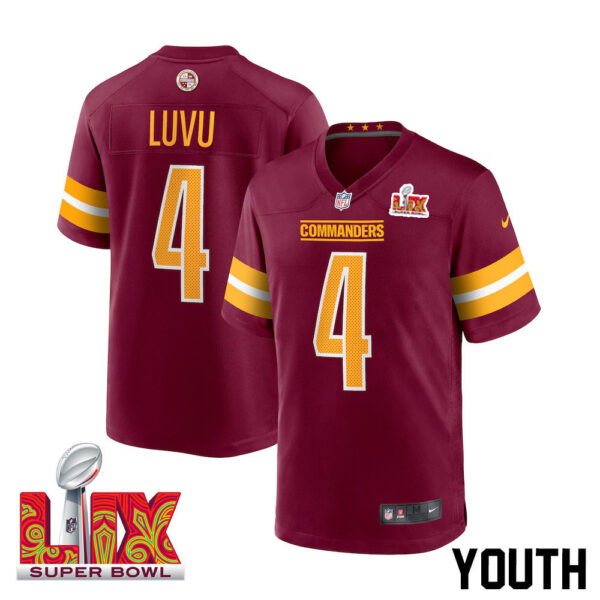Frankie Luvu #4 Washington Commanders Super Bowl LIX Youth Jersey – Burgundy