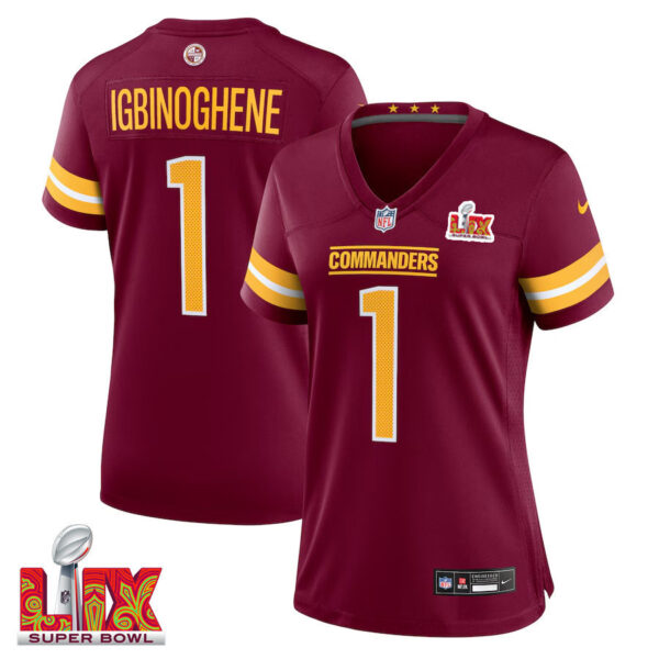 Noah Igbinoghene #1 Washington Commanders Super Bowl LIX Women’s Jersey – Burgundy
