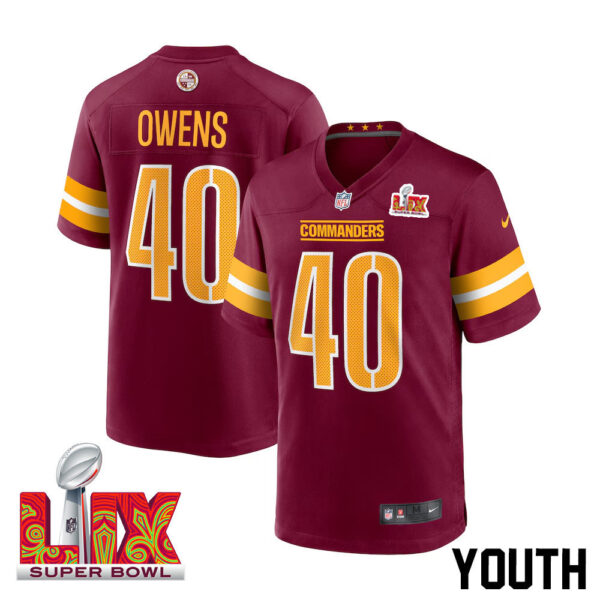 Tyler Owens #40 Washington Commanders Super Bowl LIX Youth Jersey – Burgundy
