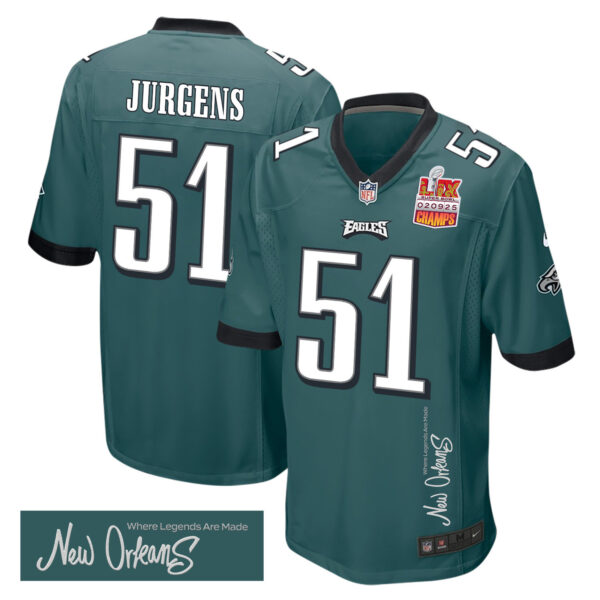 Cam Jurgens 51 Philadelphia Eagles Super Bowl LIX Champions Patch ‘New Orleans – Where Legends Are Made’ EMBROIDERED Game Men Jersey – Midnight Green