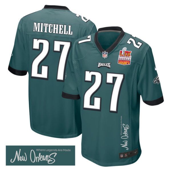 Quinyon Mitchell 27 Philadelphia Eagles Super Bowl LIX Champions Patch ‘New Orleans – Where Legends Are Made’ EMBROIDERED Game Men Jersey – Midnight Green