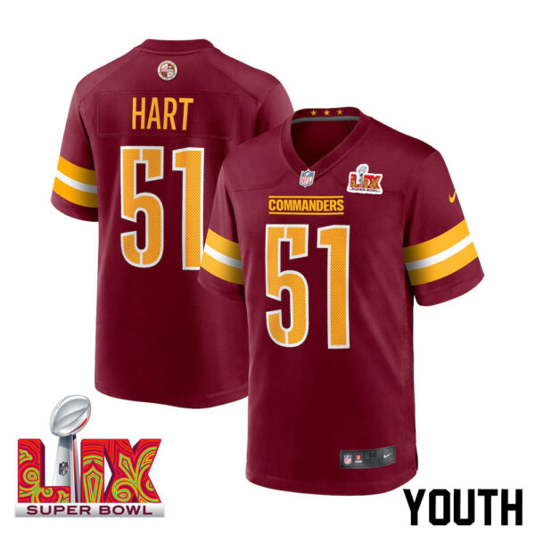Bobby Hart #51 Washington Commanders Super Bowl LIX Youth Jersey – Burgundy