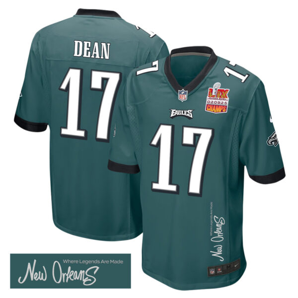 Nakobe Dean 17 Philadelphia Eagles Super Bowl LIX Champions Patch ‘New Orleans – Where Legends Are Made’ EMBROIDERED Game Men Jersey – Midnight Green