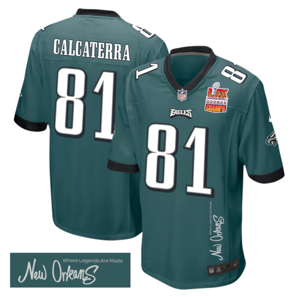 Grant Calcaterra 81 Philadelphia Eagles Super Bowl LIX Champions Patch ‘New Orleans – Where Legends Are Made’ EMBROIDERED Game Men Jersey – Midnight Green