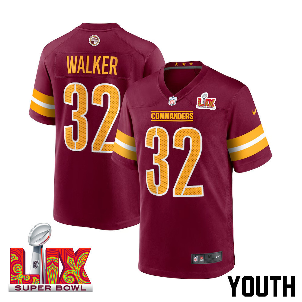 Mykal Walker #32 Washington Commanders Super Bowl LIX Youth Jersey – Burgundy