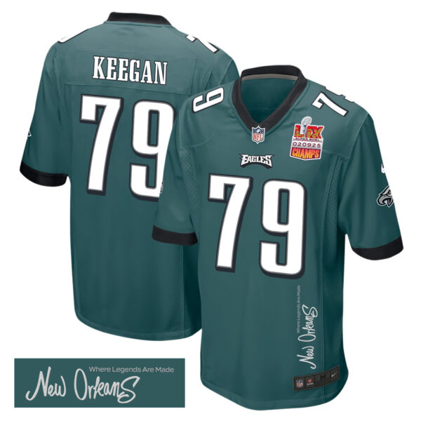 Trevor Keegan 79 Philadelphia Eagles Super Bowl LIX Champions Patch ‘New Orleans – Where Legends Are Made’ EMBROIDERED Game Men Jersey – Midnight Green