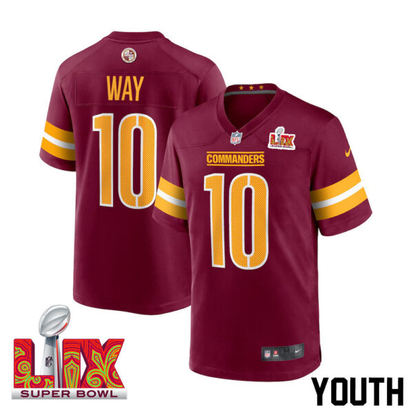 Tress Way #10 Washington Commanders Super Bowl LIX Youth Jersey – Burgundy