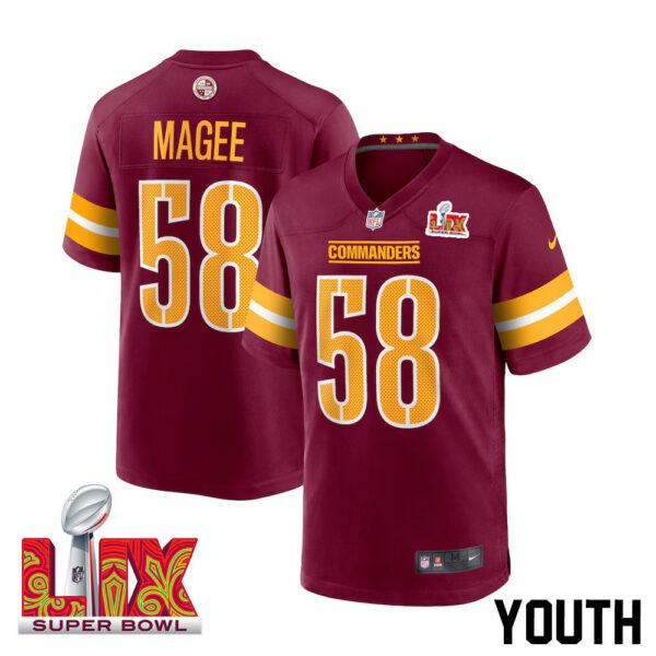 Jordan Magee #58 Washington Commanders Super Bowl LIX Youth Jersey – Burgundy