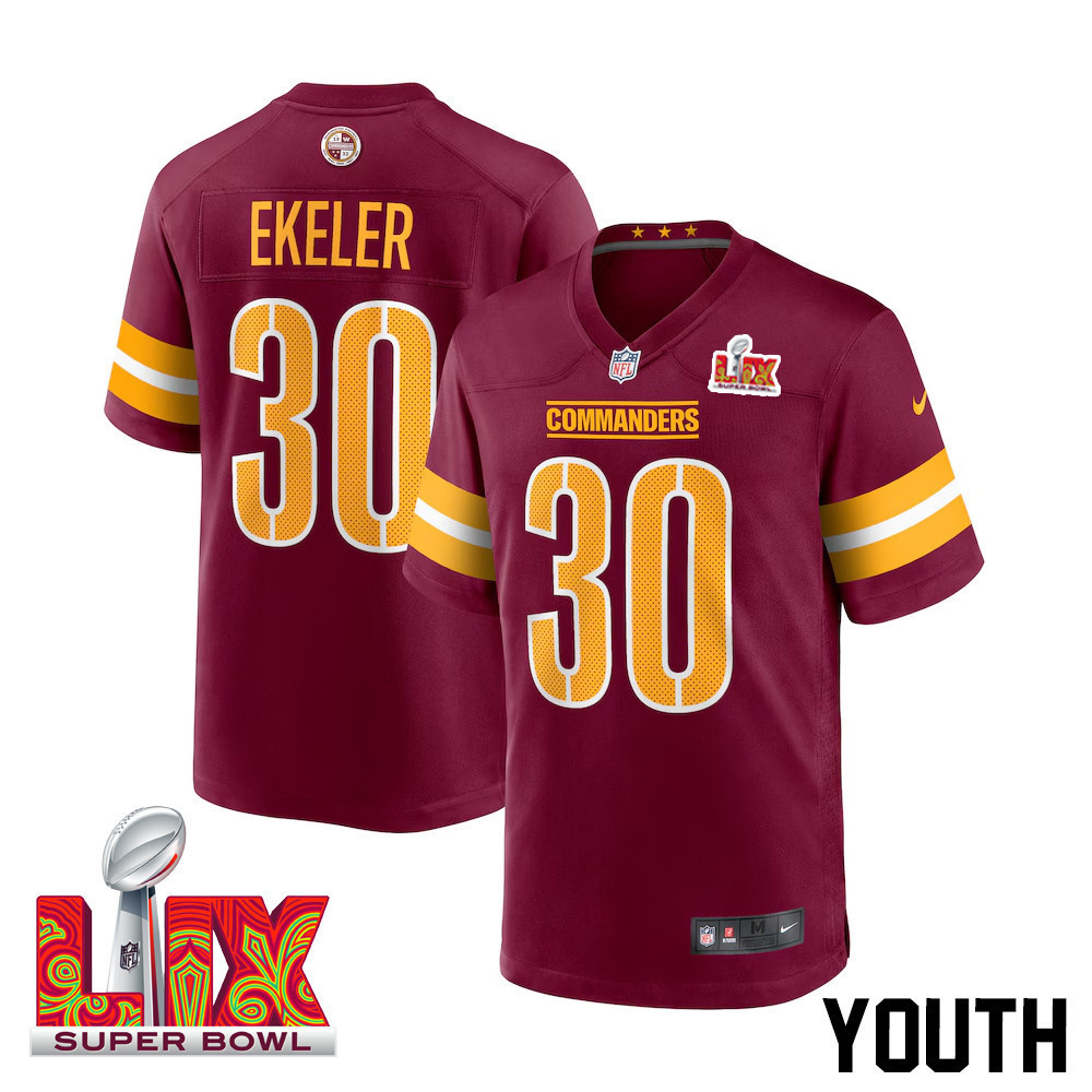 Austin Ekeler #30 Washington Commanders Super Bowl LIX Youth Jersey – Burgundy