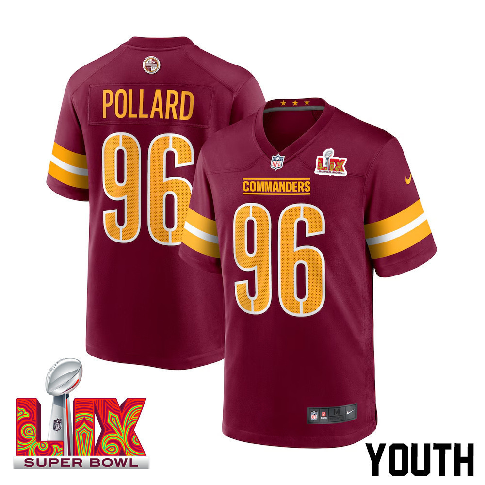Norell Pollard #96 Washington Commanders Super Bowl LIX Youth Jersey – Burgundy