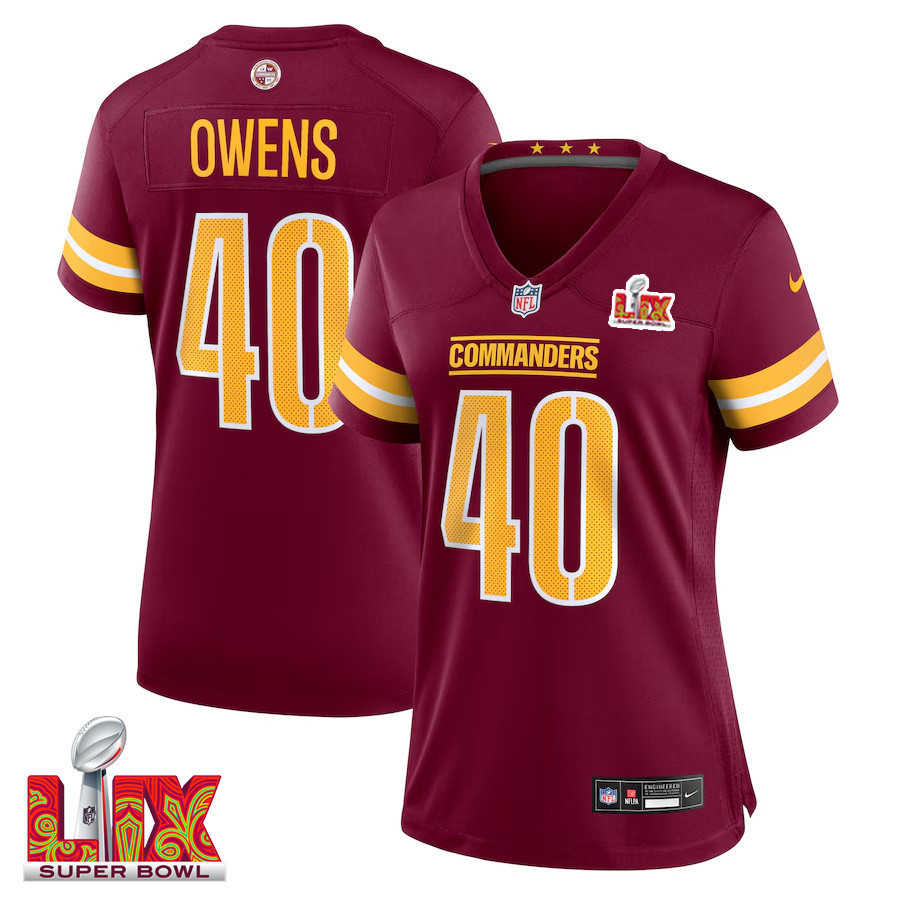 Tyler Owens #40 Washington Commanders Super Bowl LIX Women’s Jersey – Burgundy