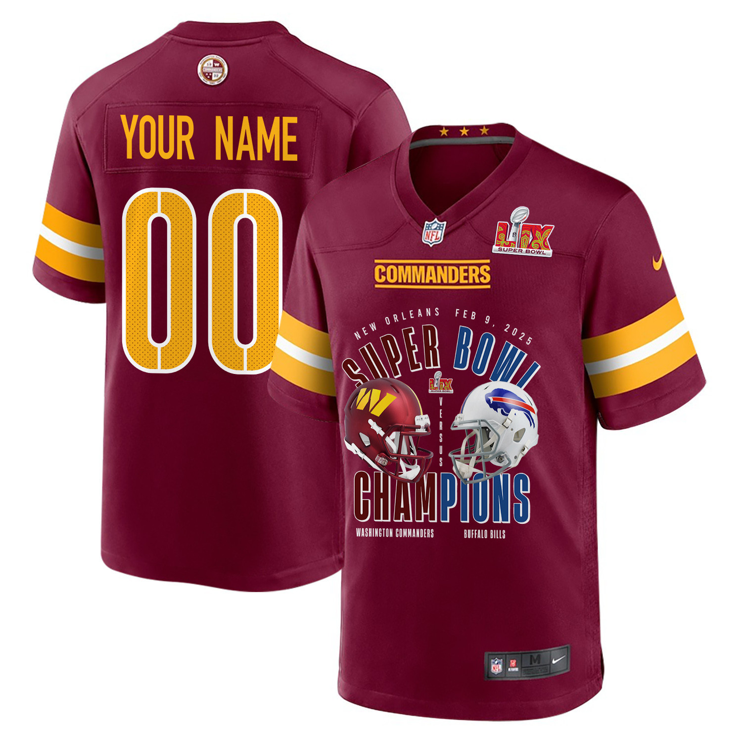 Washington Commanders Vs. Buffalo Bills Super Bowl LIX Game Men Custom Jersey – Burgundy