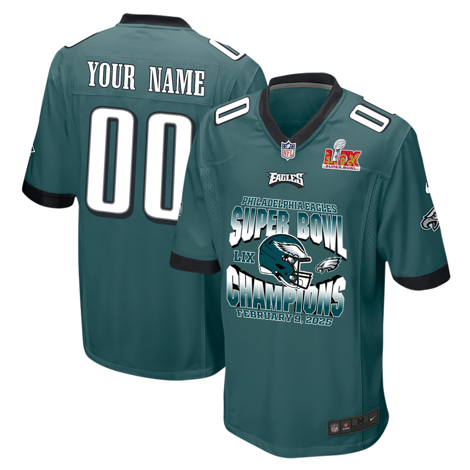 Philadelphia Eagles Super Bowl LIX Champions Helmet Game Men Custom Jersey – Midnight Green