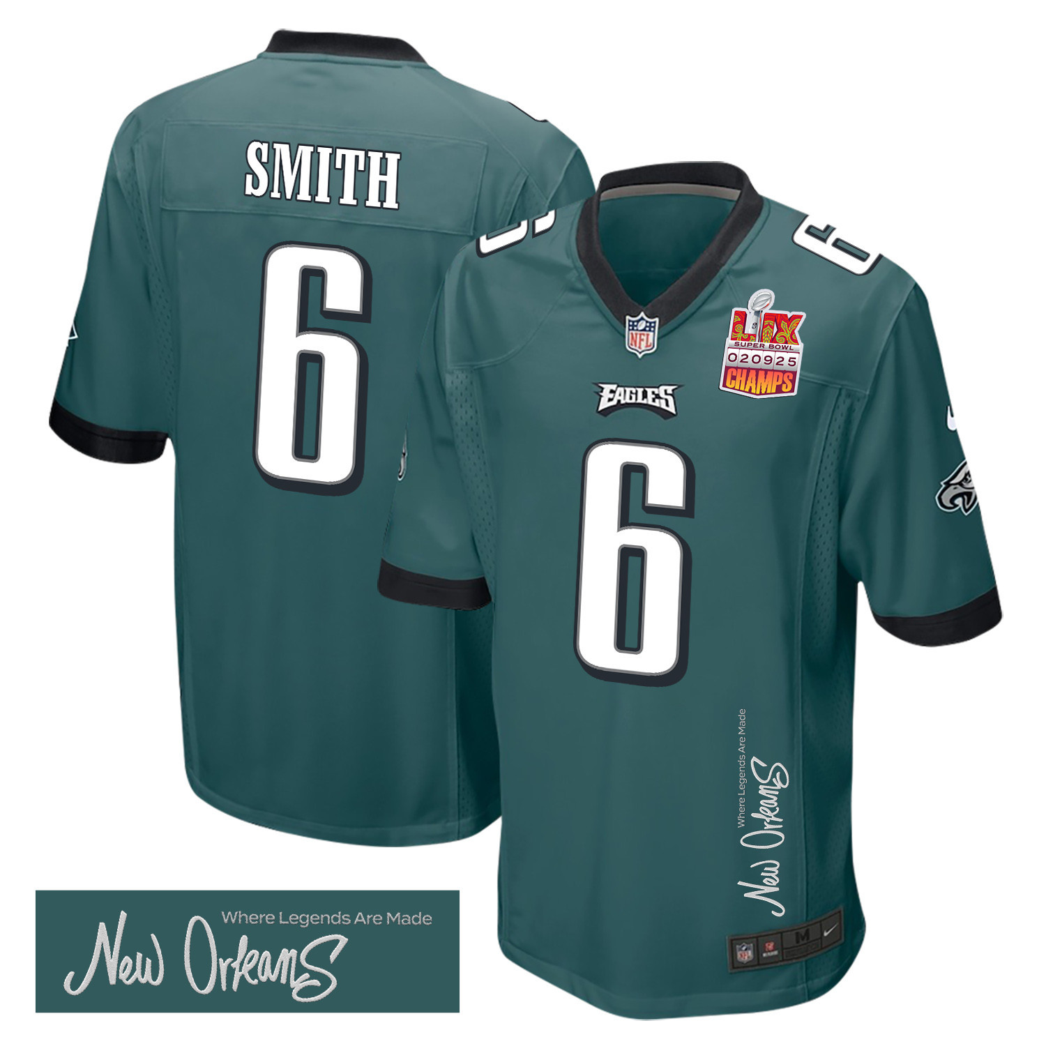 DeVonta Smith 6 Philadelphia Eagles Super Bowl LIX Champions Patch ‘New Orleans – Where Legends Are Made’ EMBROIDERED Game Men Jersey – Midnight Green