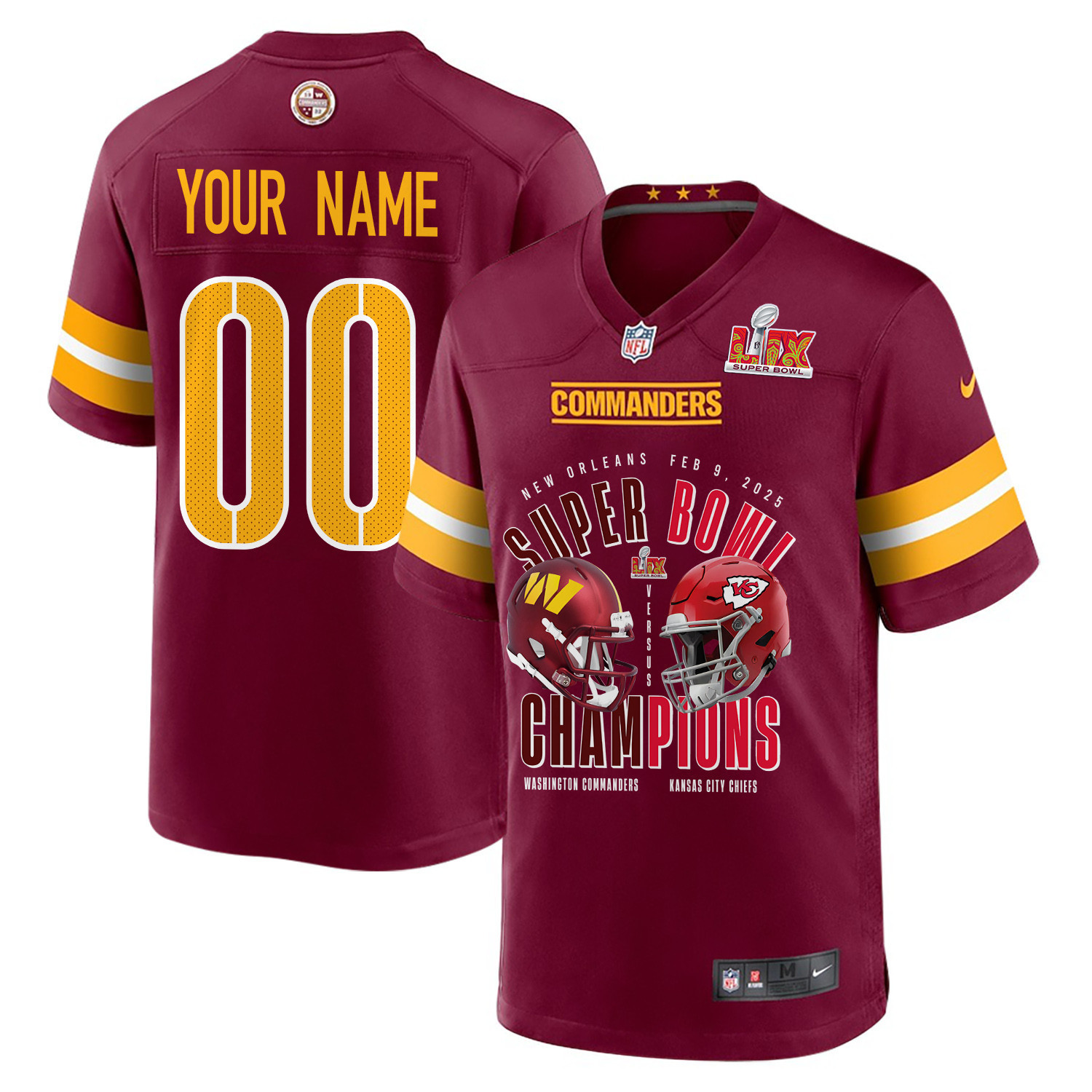 Washington Commanders Vs. Kansas City Chiefs Super Bowl LIX Game Men Custom Jersey – Burgundy