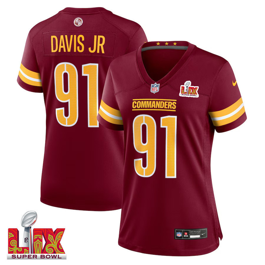 Carl Davis Jr. #91 Washington Commanders Super Bowl LIX Women’s Jersey – Burgundy