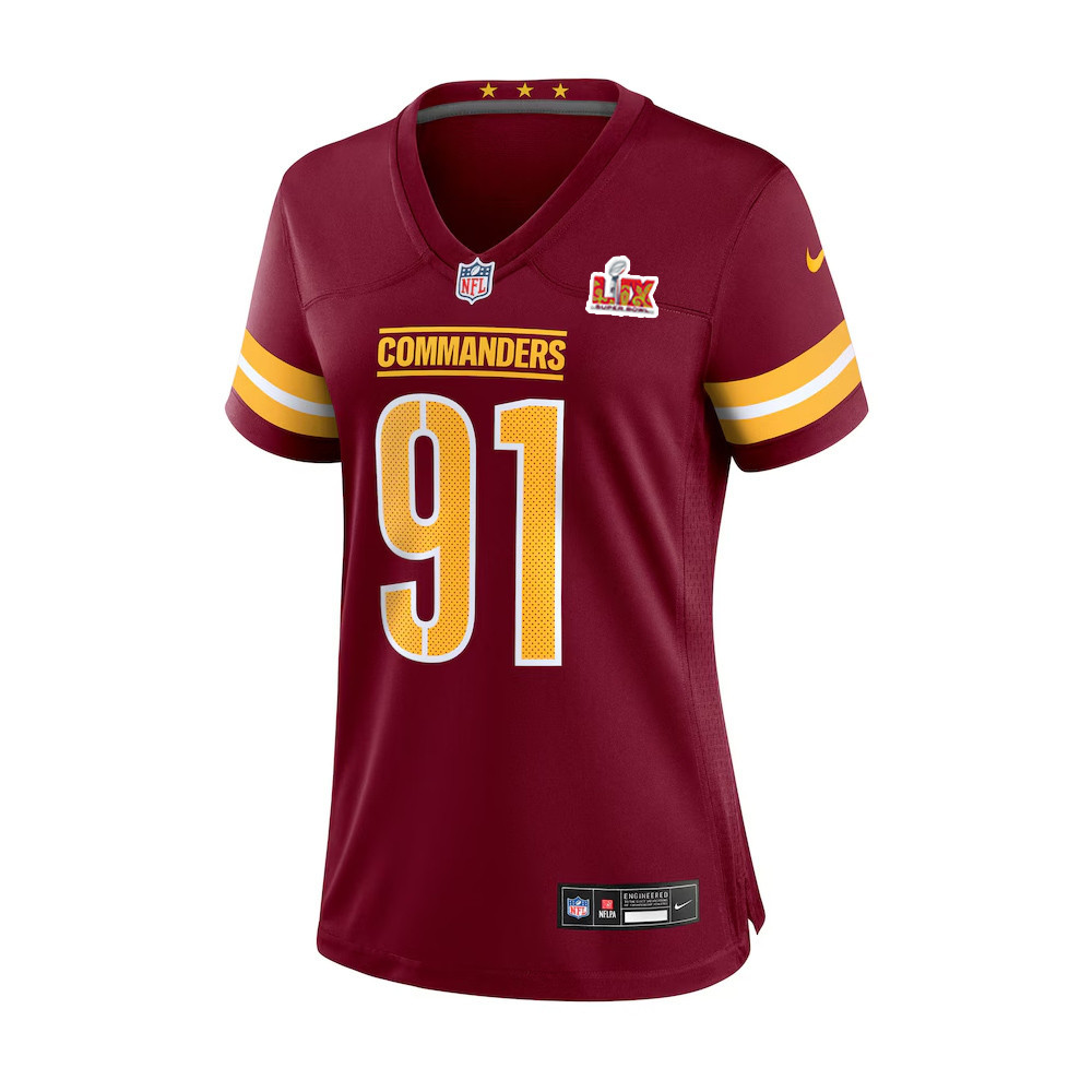 Carl Davis Jr. #91 Washington Commanders Super Bowl LIX Women’s Jersey – Burgundy - Image 2