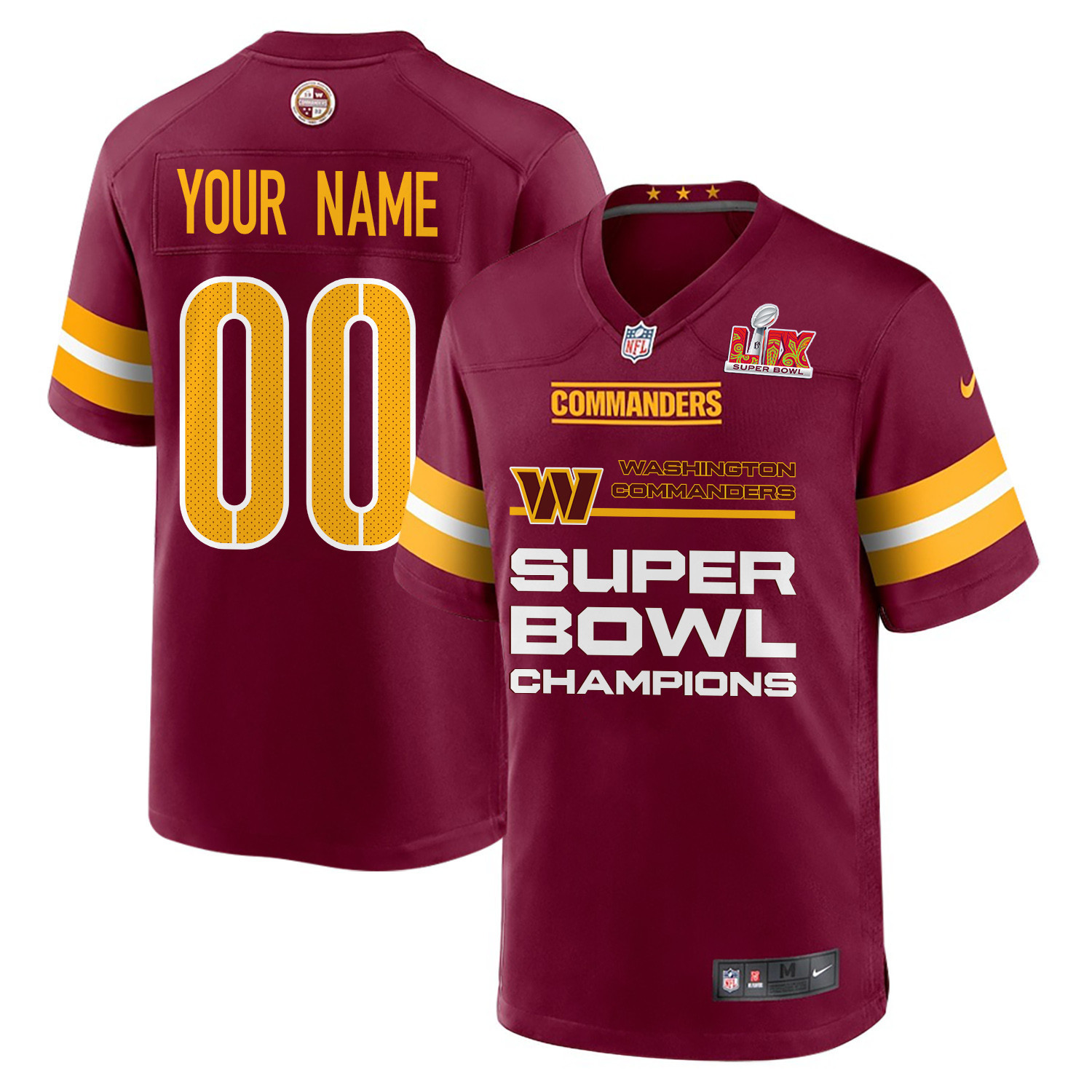 Washington Commanders Super Bowl LIX Champions Straight Text Game Men Custom Jersey – Burgundy