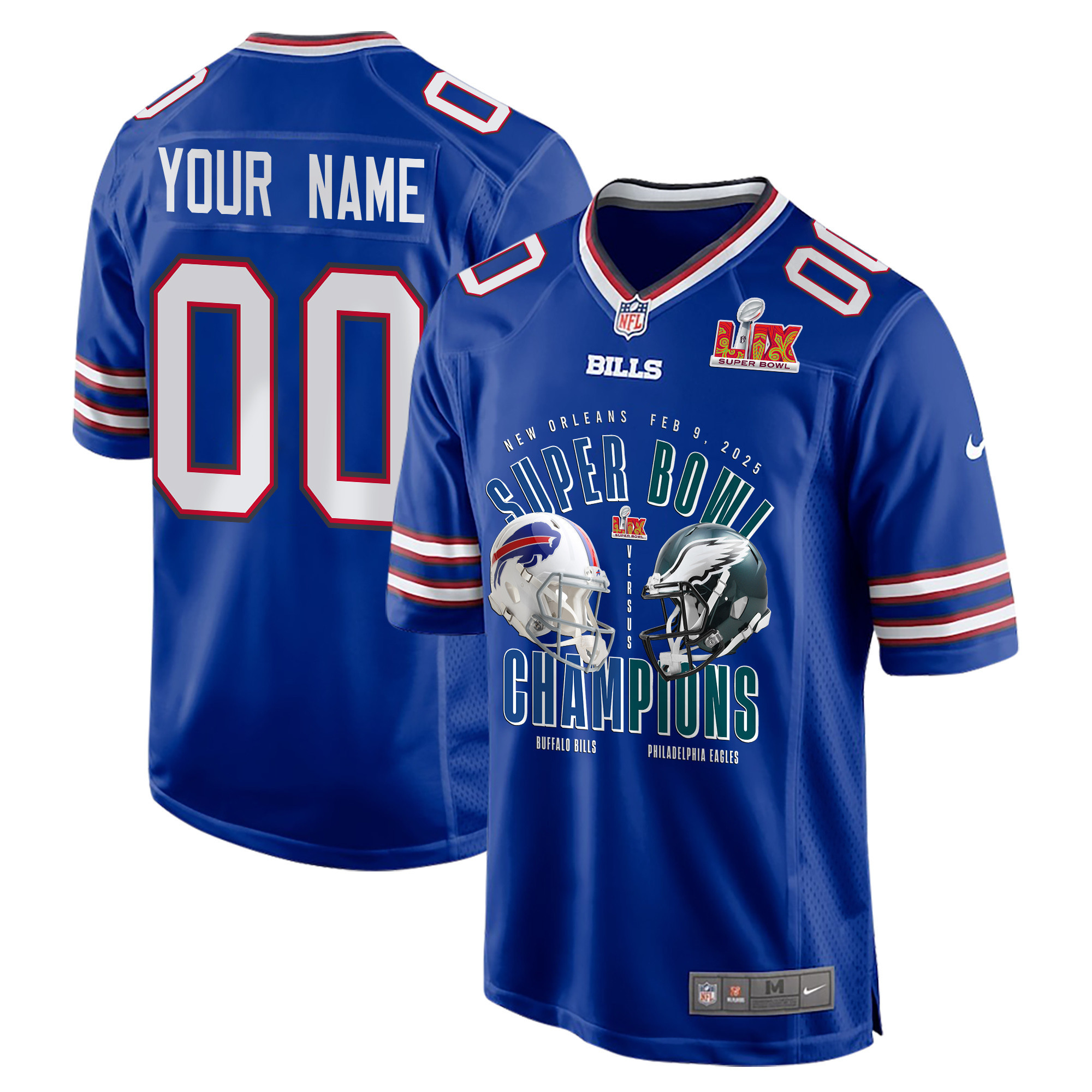 Buffalo Bills Vs. Philadelphia Eagles Super Bowl LIX Game Men Custom Jersey – Royal