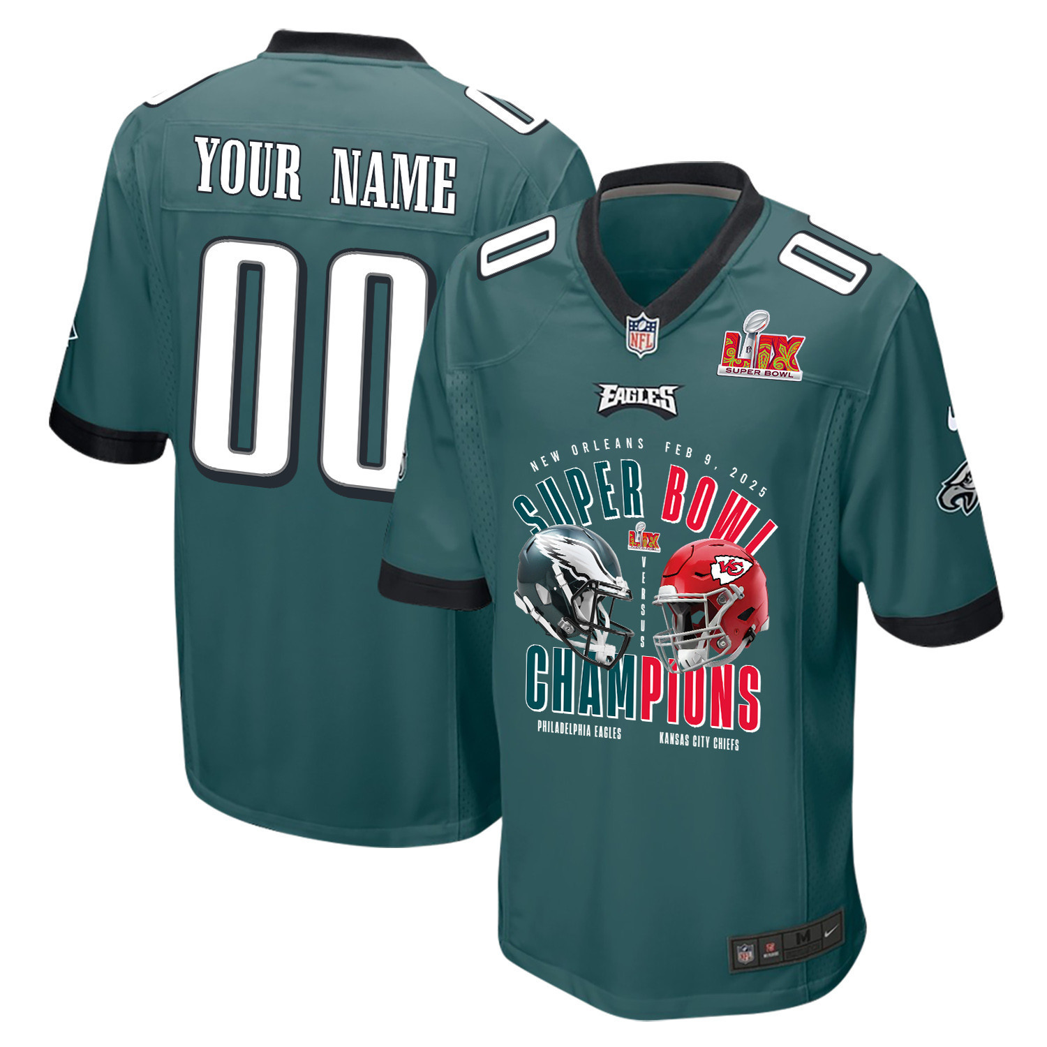 Philadelphia Eagles Vs. Kansas City Chiefs Super Bowl LIX Game Men Custom Jersey – Midnight Green