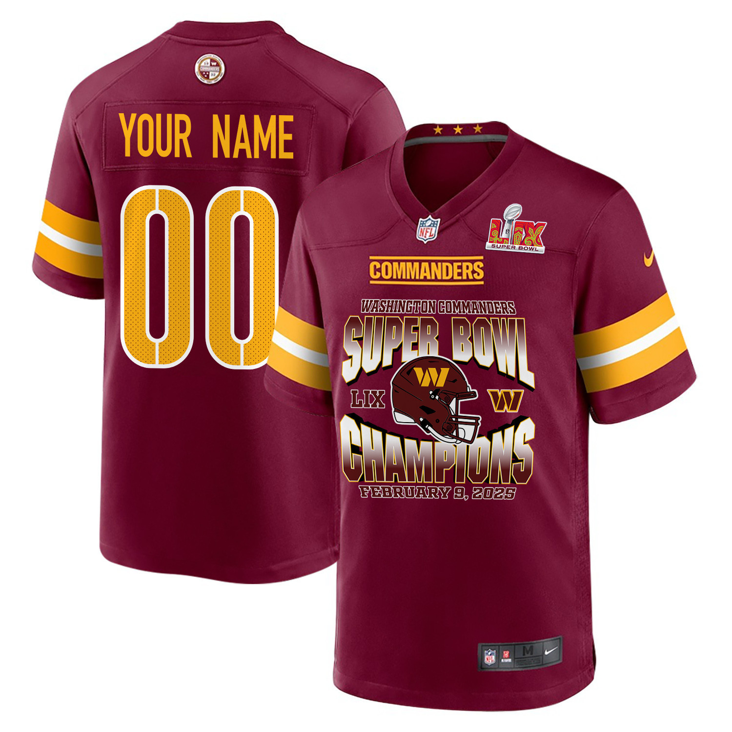 Washington Commanders Super Bowl LIX Champions Helmet Game Men Custom Jersey – Burgundy