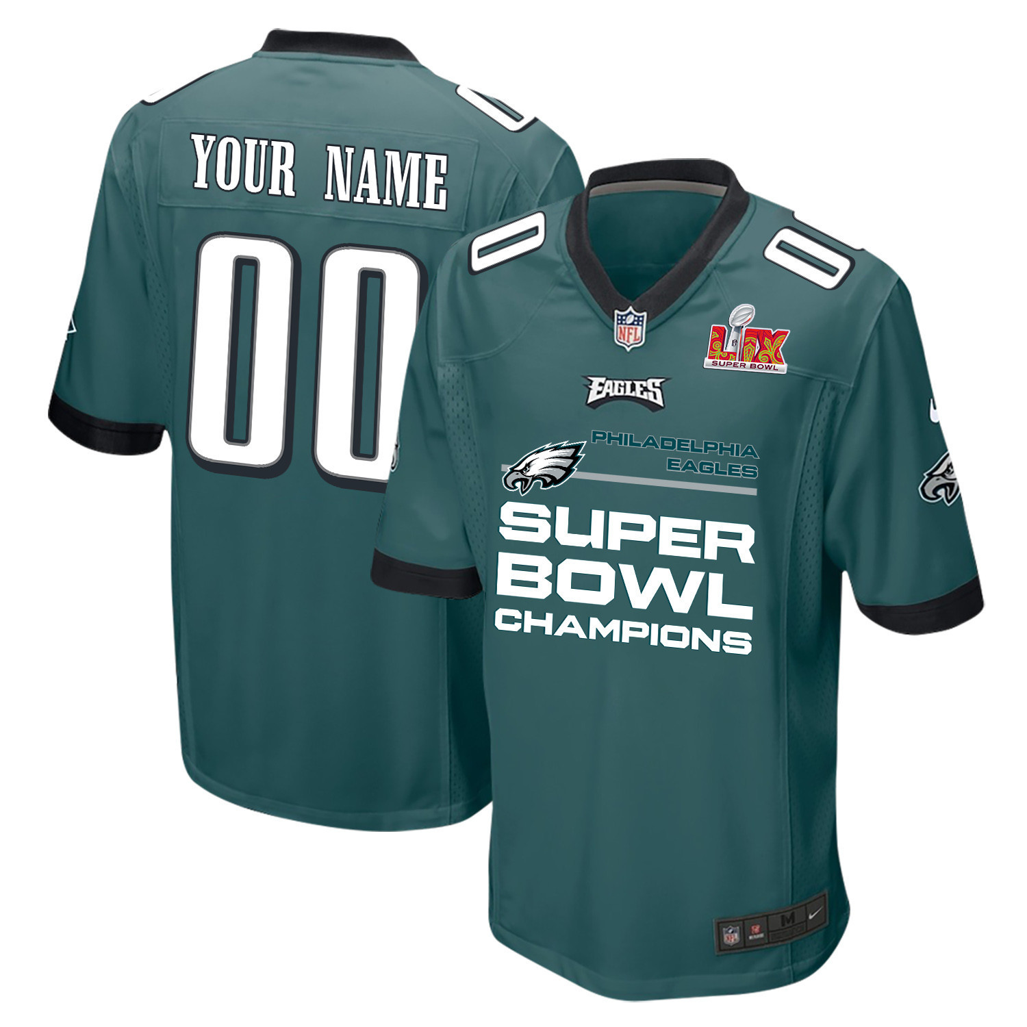 Philadelphia Eagles Super Bowl LIX Champions Straight Text Game Men Custom Jersey – Midnight Green