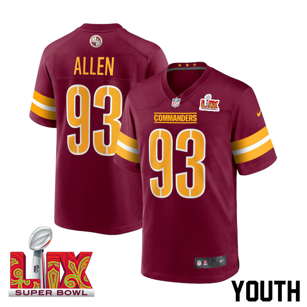 Jonathan Allen #93 Washington Commanders Super Bowl LIX Youth Jersey – Burgundy