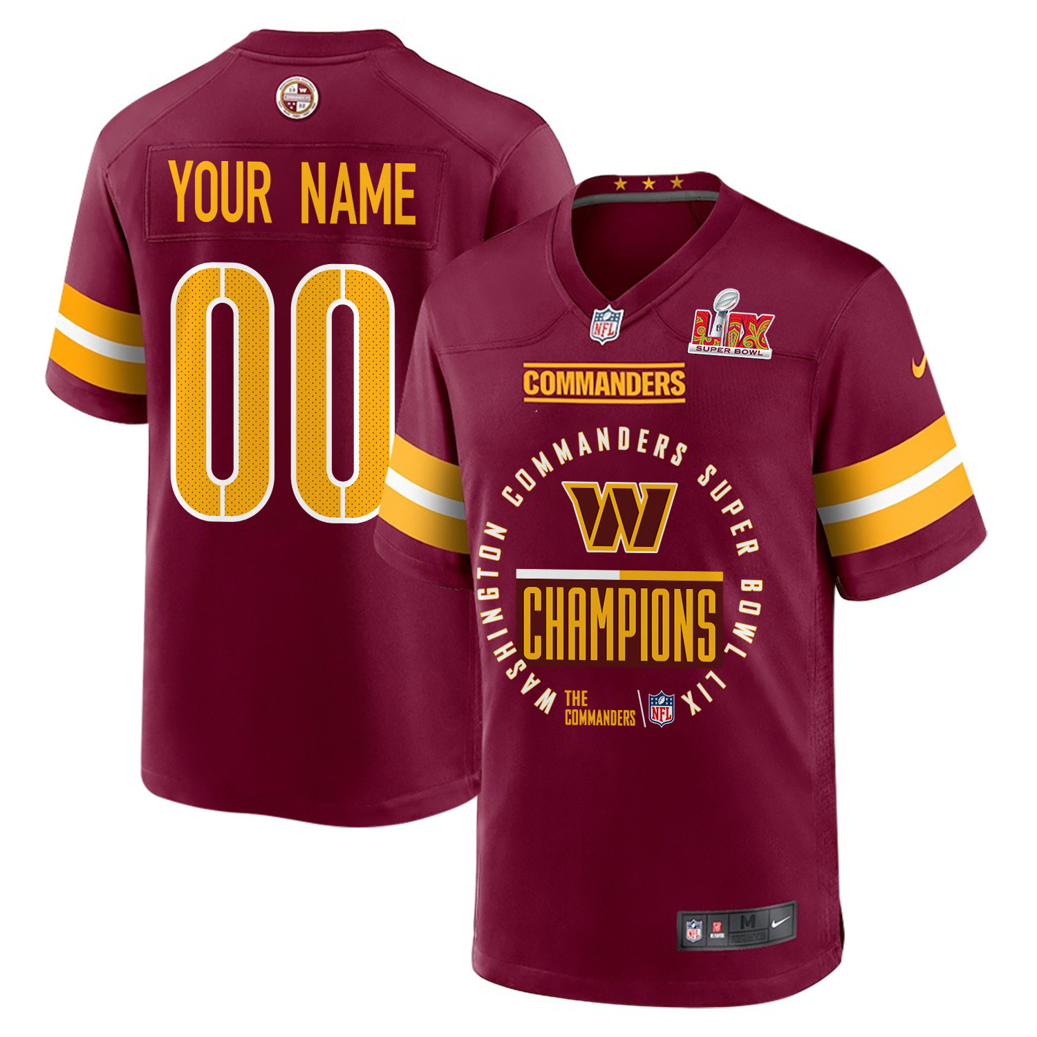 Washington Commanders Super Bowl LIX Champions Game Men Custom Jersey – Burgundy