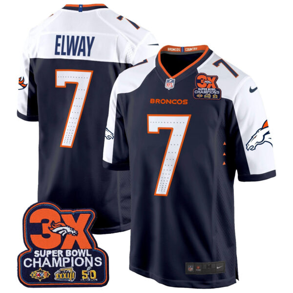 Denver Broncos 3-Time Champions Patch Game Jersey – Al Stitched – Navy Alternate – John Elway Jersey