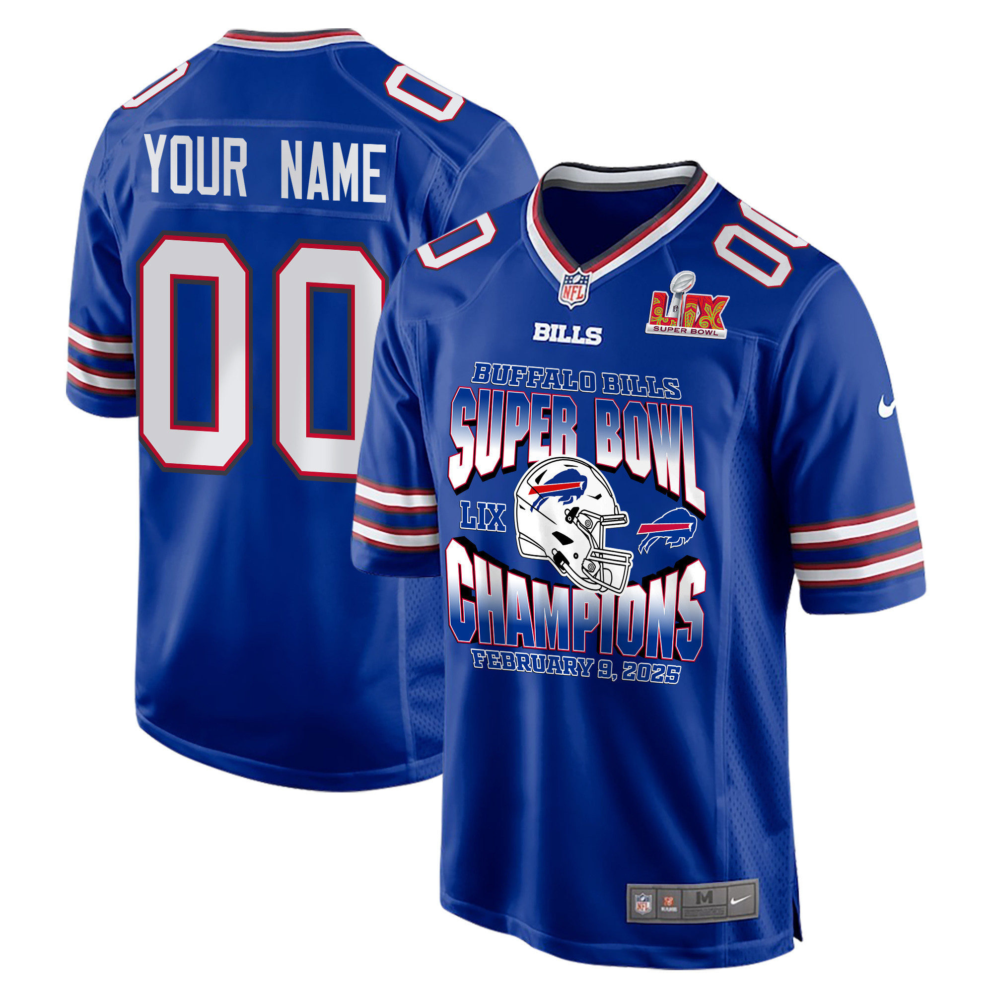 Buffalo Bills Super Bowl LIX Champions Helmet Game Men Custom Jersey – Royal