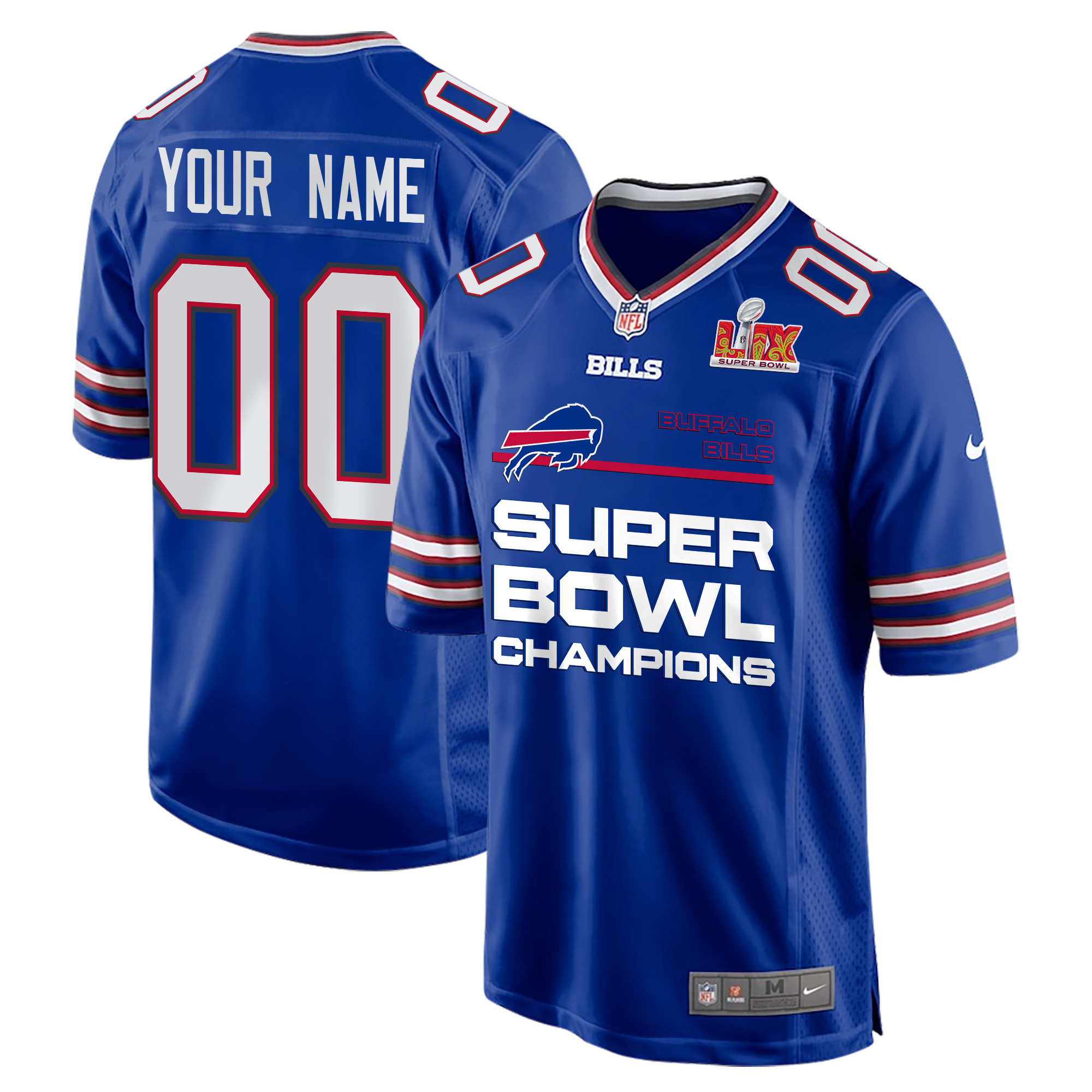 Buffalo Bills Super Bowl LIX Champions Straight Text Game Men Custom Jersey – Royal