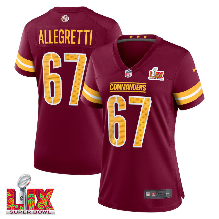 Nick Allegretti #67 Washington Commanders Super Bowl LIX Women’s Jersey – Burgundy