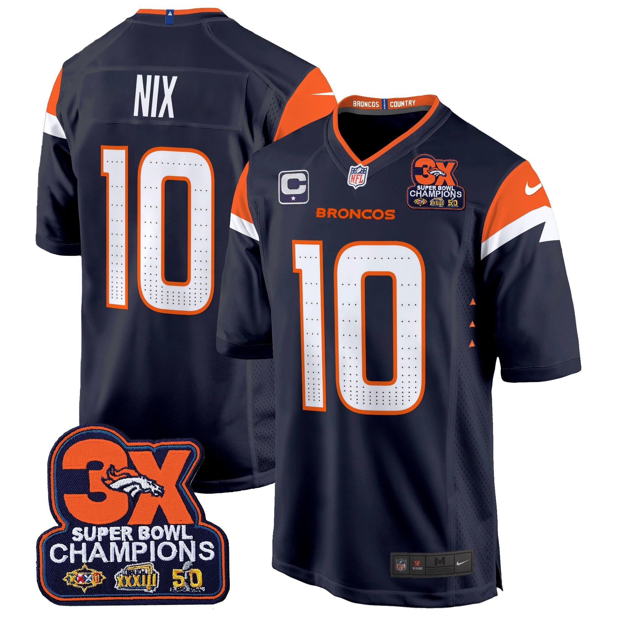 Denver Broncos 3-Time Champions Patch Game Jersey – Al Stitched – Navy – Bo Nix Jersey