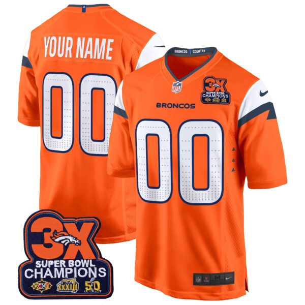 Denver Broncos 3-Time Champions Patch Game Custom Jersey – Al Stitched – Orange Jersey