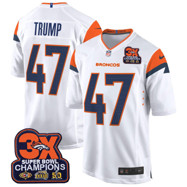 Denver Broncos 3-Time Champions Patch Game Jersey – Al Stitched – White – Donald Trump Jersey