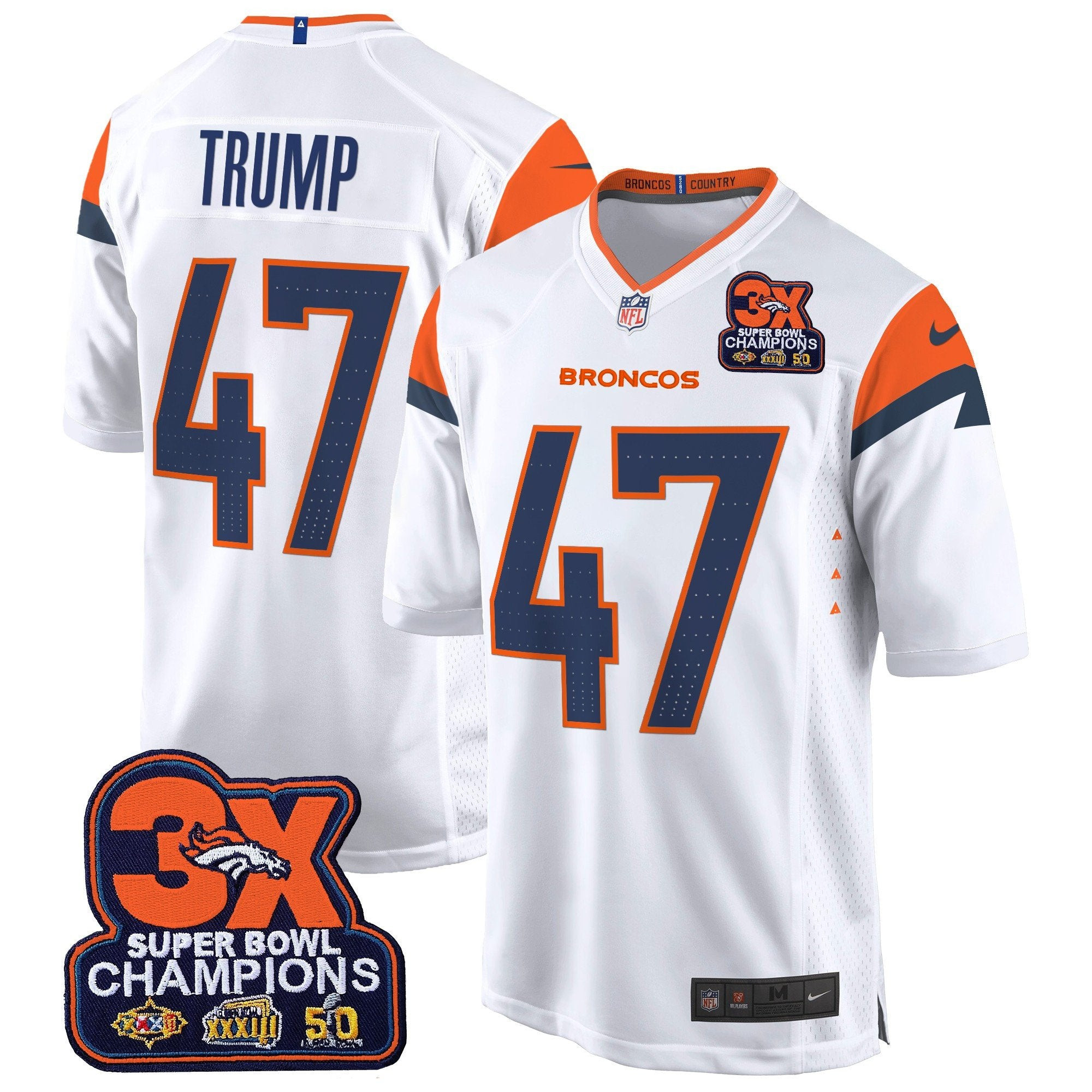 Denver Broncos 3-Time Champions Patch Game Jersey – Al Stitched – White – Donald Trump Jersey