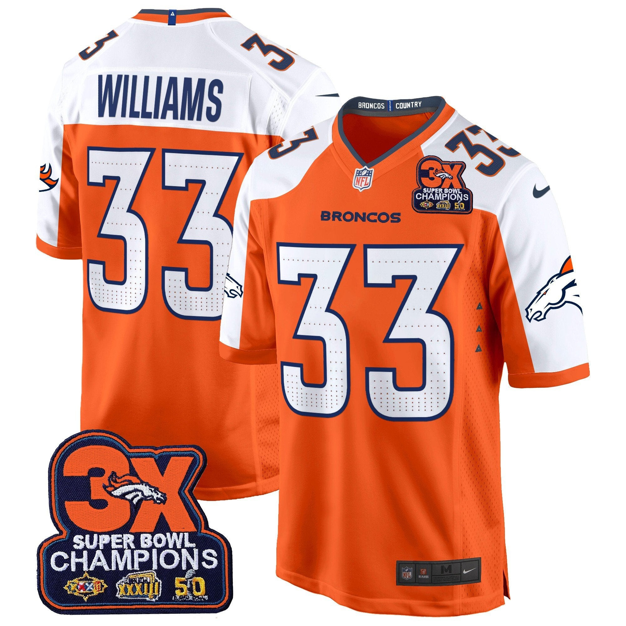 Denver Broncos 3-Time Champions Patch Game Jersey – Al Stitched – Orange Alternate – Javonte Williams Jersey