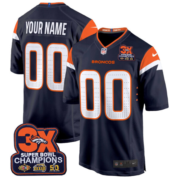 Denver Broncos 3-Time Champions Patch Game Custom Jersey – Al Stitched – Navy Jersey